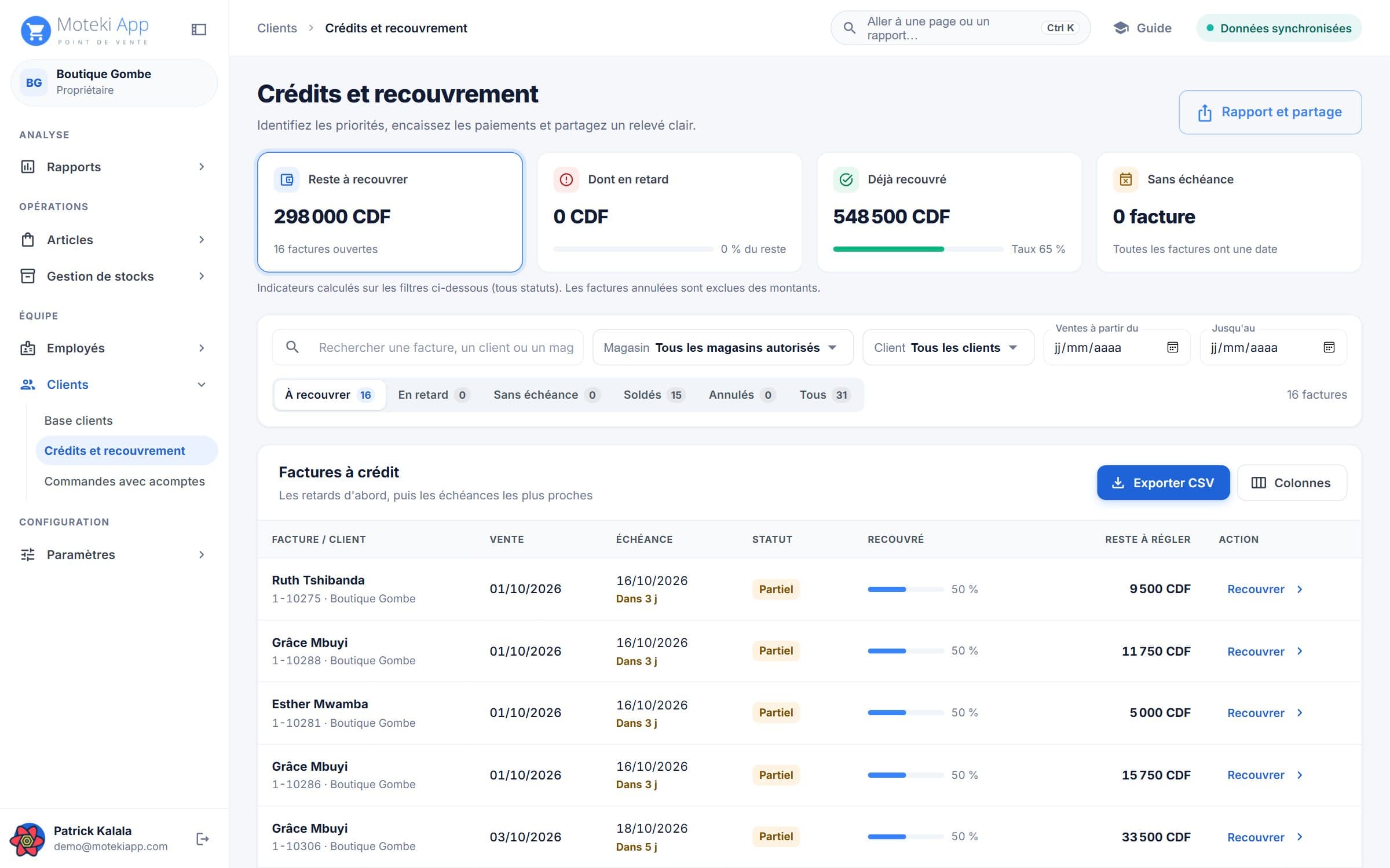 Back-office Moteki : Crédits et recouvrement