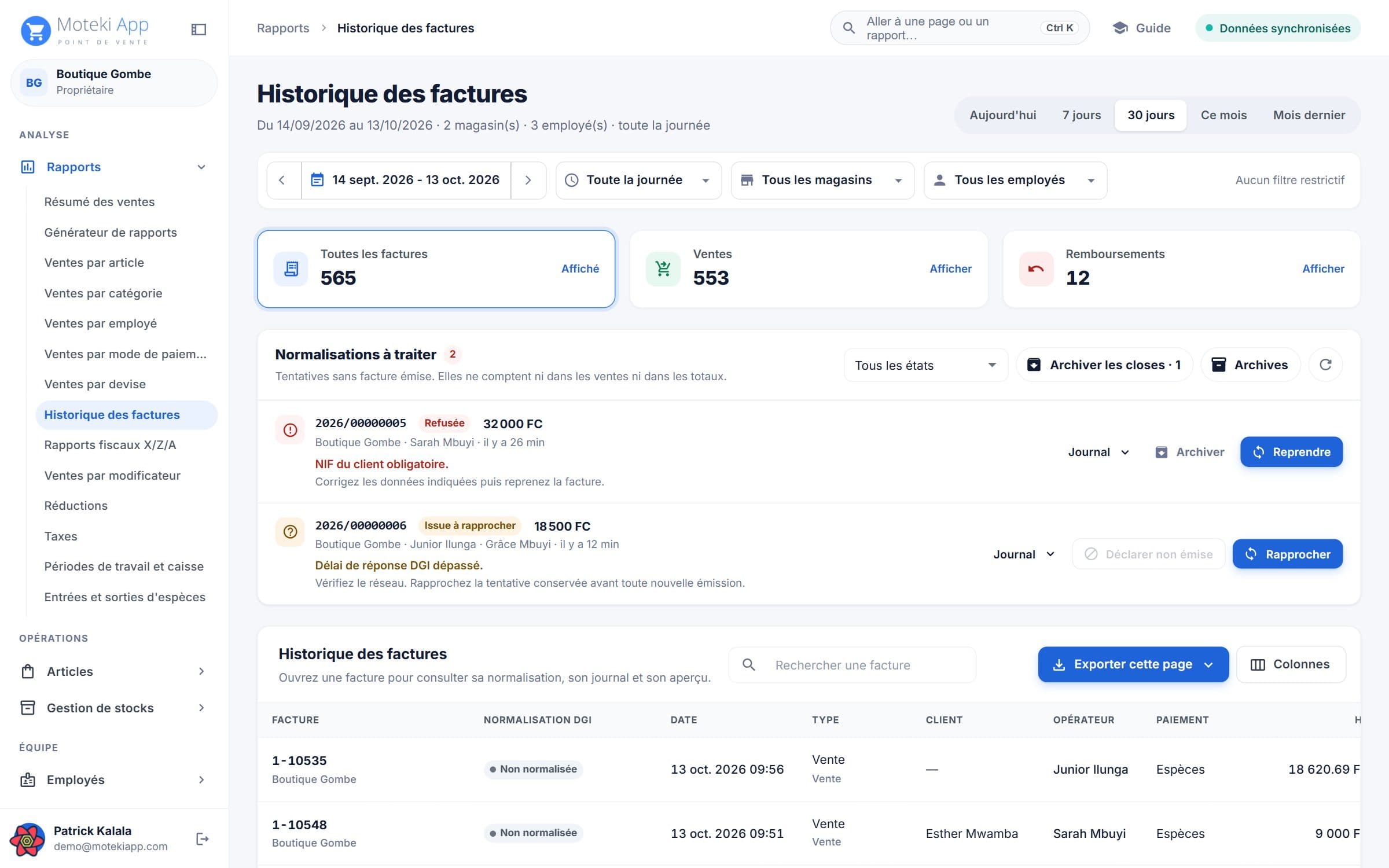 Back-office Moteki : Historique des factures