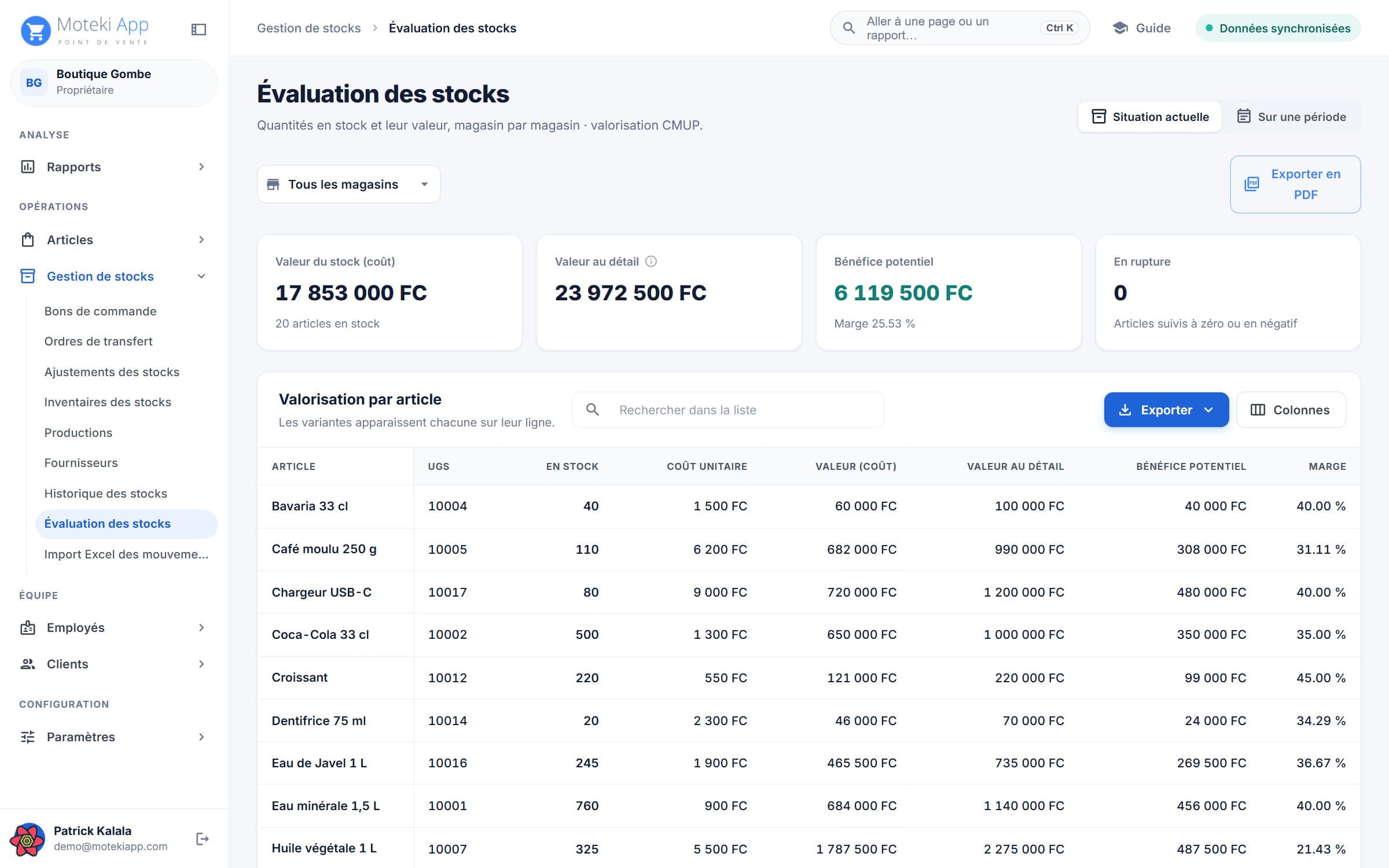 Back-office Moteki : Valeur du stock