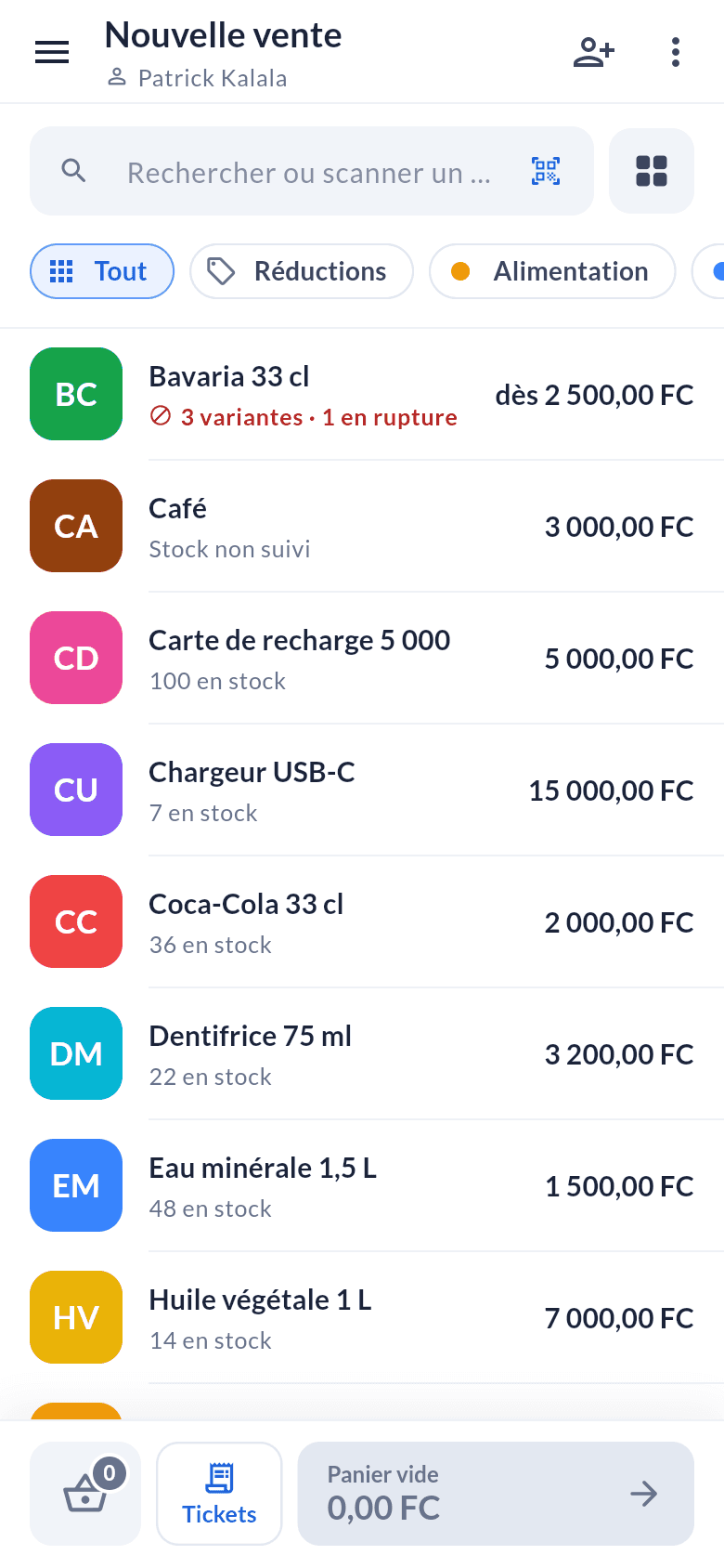 Catalogue avec les quantités en stock