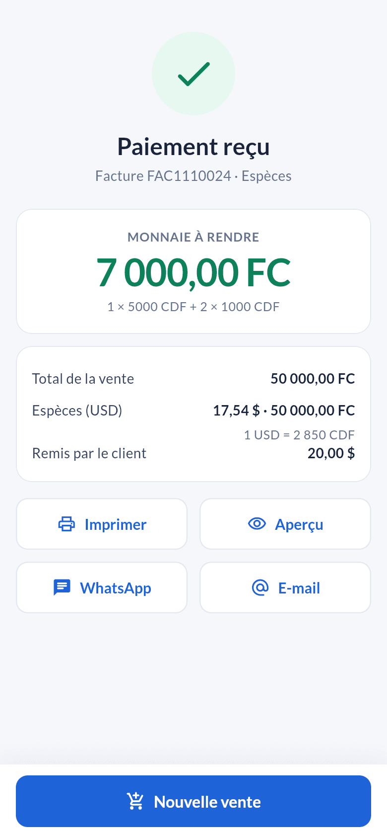 Paiement reçu et monnaie à rendre en francs