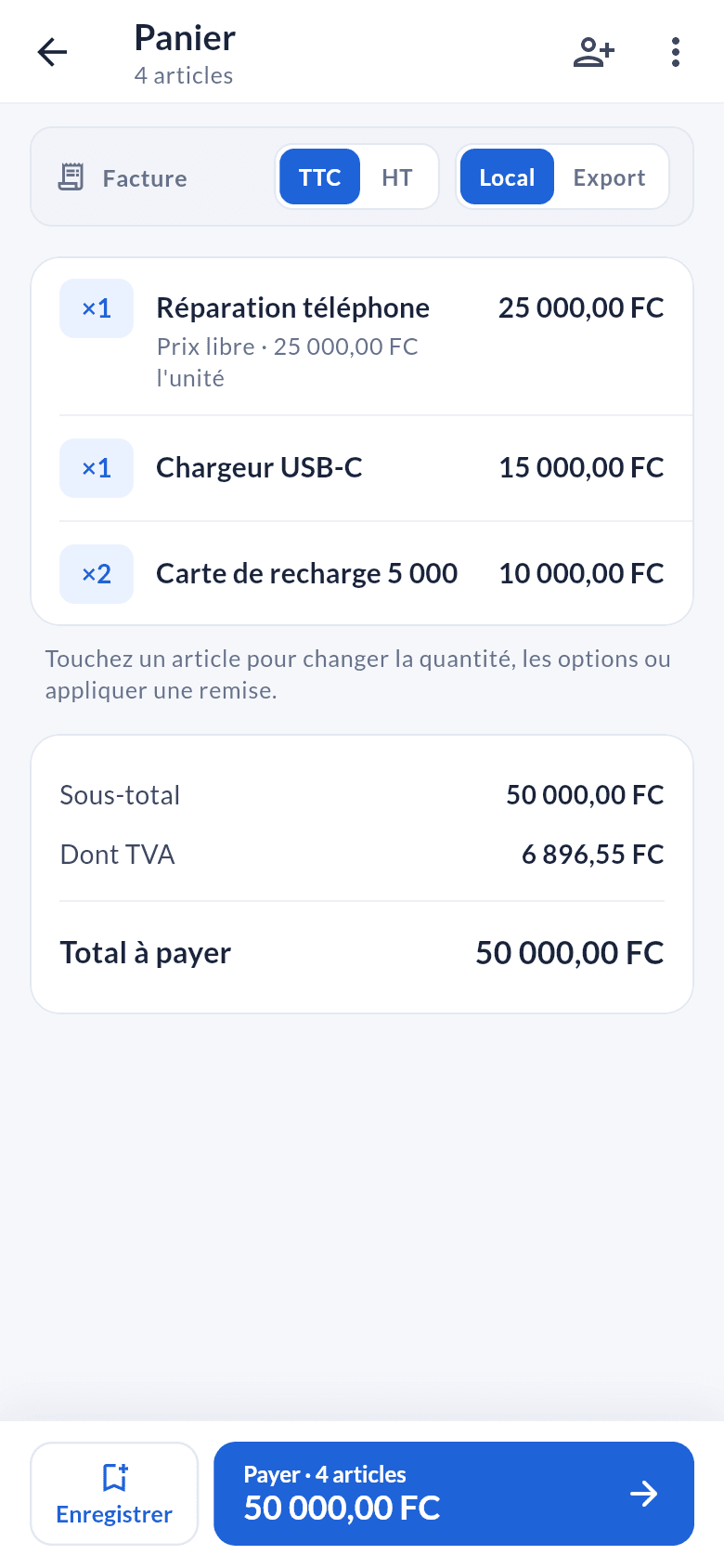 Panier dans Moteki App RDC : une réparation au prix libre, un chargeur et deux cartes de recharge